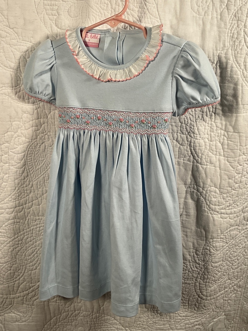 Baby Blue Smocked Girls' Dress with Pink Trim
